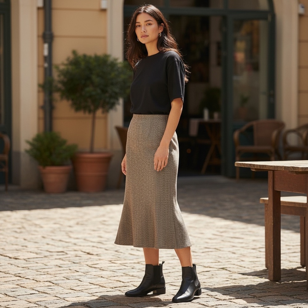 J.Crew Wool Herringbone Midi‎ Skirt Brown Tan Fit Flare Classic Preppy - Size 6